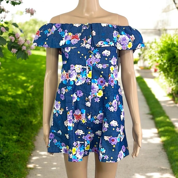 NEW Diva USA Floral Chambray Blue Flutter Sleeve Dress - Picture 3 of 16